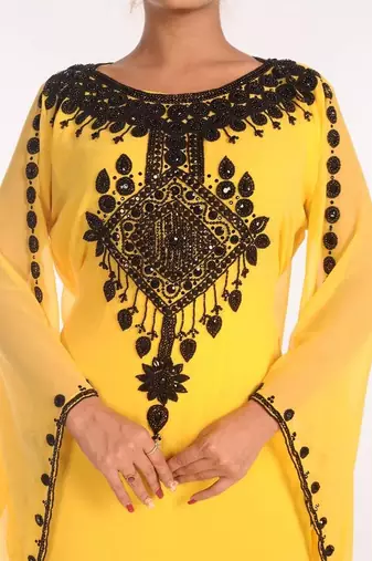 Yellow georgette embroidered stitched islamic kaftans