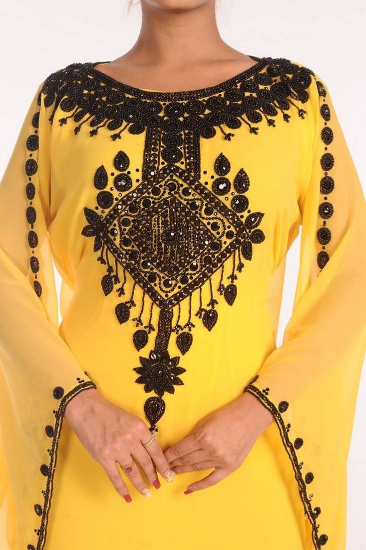 Yellow georgette embroidered stitched islamic kaftans
