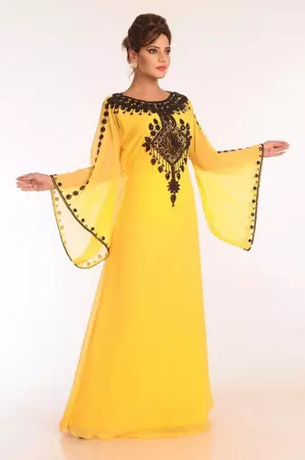 Yellow georgette embroidered stitched islamic kaftans