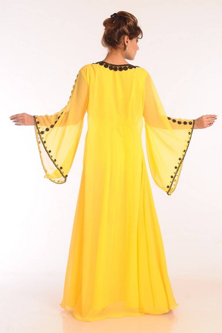 Yellow georgette embroidered stitched islamic kaftans