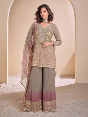 Rust & chiku zari & sequence work georgette palazzo suits( full-stitched Free-size) 1