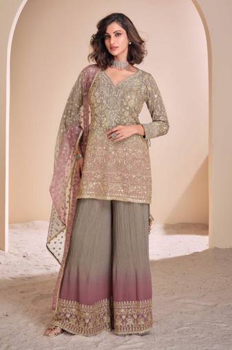 Rust & chiku zari & sequence work georgette palazzo suits( full-stitched Free-size)
