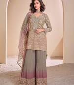 Rust & chiku zari & sequence work georgette palazzo suits( full-stitched Free-size)