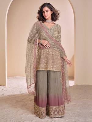 Rust & chiku zari & sequence work georgette palazzo suits( full-stitched Free-size) 2