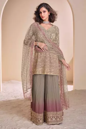 Rust & chiku zari & sequence work georgette palazzo suits( full-stitched Free-size)