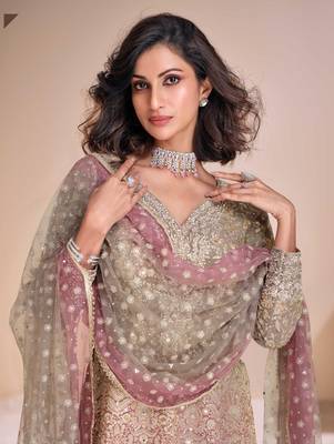 Rust & chiku zari & sequence work georgette palazzo suits( full-stitched Free-size) 4