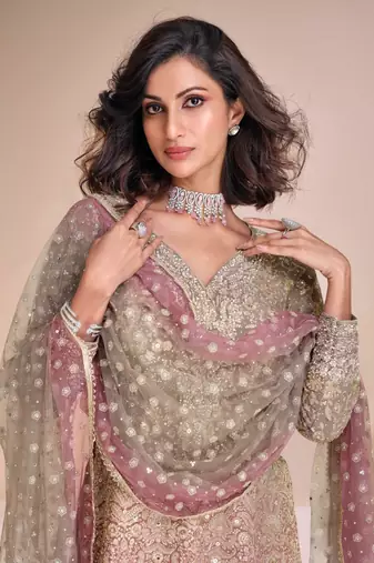 Rust & chiku zari & sequence work georgette palazzo suits( full-stitched Free-size)