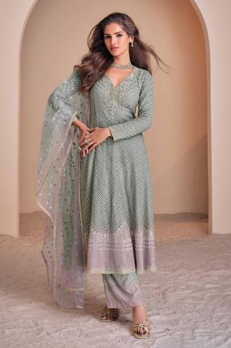 Grey & pink zari & sequence work georgette salwar kameez( full-stitched Free-size)