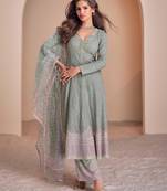 Grey & pink zari & sequence work georgette salwar kameez( full-stitched Free-size)
