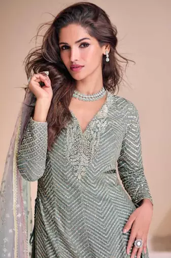 Grey & pink zari & sequence work georgette salwar kameez( full-stitched Free-size)