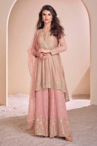 Peach zari & sequence work georgette palazzo suits ( full-stitched Free-size)