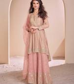 Peach zari & sequence work georgette palazzo suits ( full-stitched Free-size)