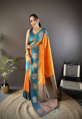 orange soft silk blend butti zari weaving work banarasi saree 1