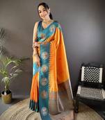 orange soft silk blend butti zari weaving work banarasi saree