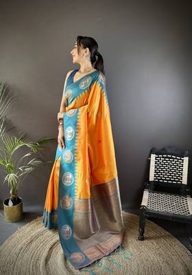 orange soft silk blend butti zari weaving work banarasi saree 2