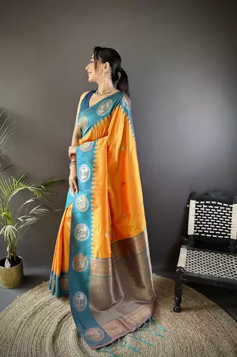 orange soft silk blend butti zari weaving work banarasi saree