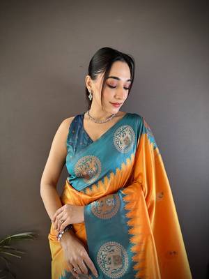 orange soft silk blend butti zari weaving work banarasi saree 3