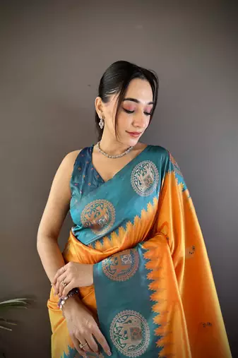 orange soft silk blend butti zari weaving work banarasi saree