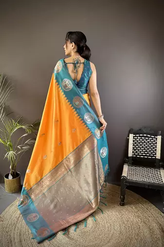 orange soft silk blend butti zari weaving work banarasi saree