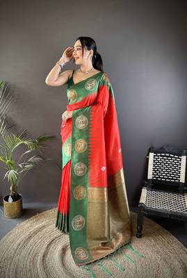 red soft silk blend butti zari weaving work banarasi saree 1