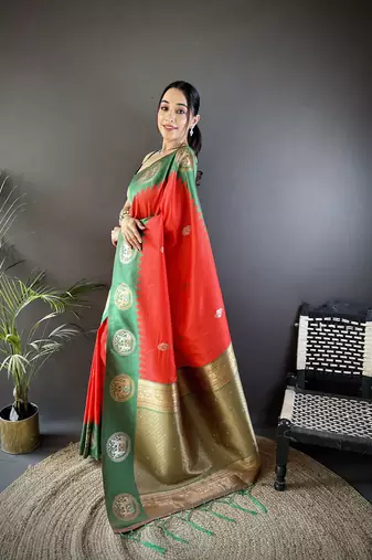 red soft silk blend butti zari weaving work banarasi saree