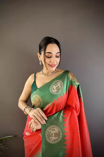 red soft silk blend butti zari weaving work banarasi saree