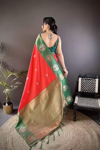 red soft silk blend butti zari weaving work banarasi saree