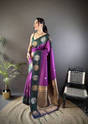 purple soft silk blend butti zari weaving work banarasi saree 1