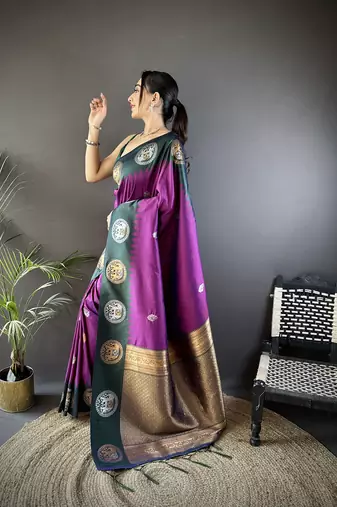 purple soft silk blend butti zari weaving work banarasi saree