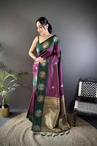 purple soft silk blend butti zari weaving work banarasi saree
