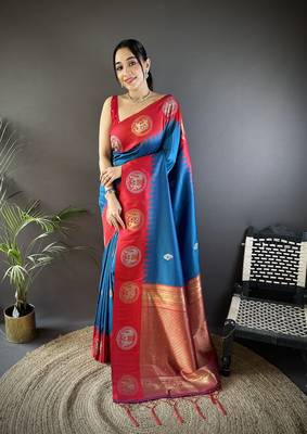 blue soft silk blend butti zari weaving work banarasi saree 1