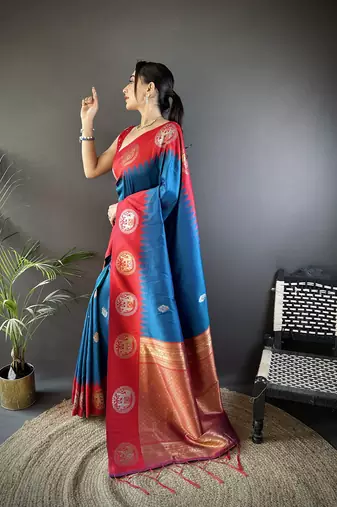 blue soft silk blend butti zari weaving work banarasi saree