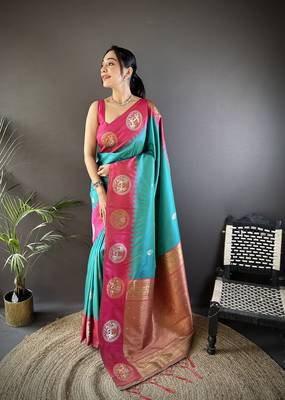 teal soft silk blend butti zari weaving banarasi saree  1