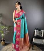 teal soft silk blend butti zari weaving banarasi saree 