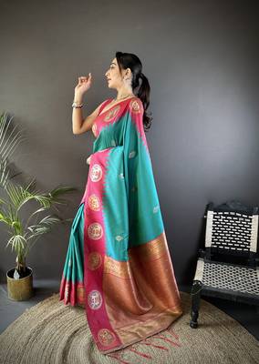 teal soft silk blend butti zari weaving banarasi saree  2