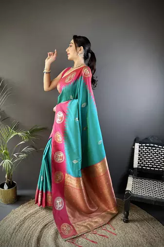 teal soft silk blend butti zari weaving banarasi saree 
