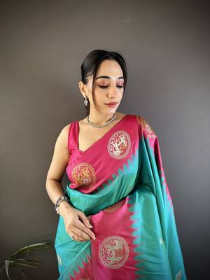 teal soft silk blend butti zari weaving banarasi saree  3