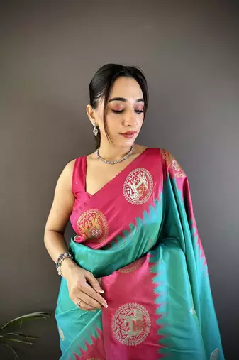 teal soft silk blend butti zari weaving banarasi saree 