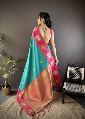 teal soft silk blend butti zari weaving banarasi saree  4