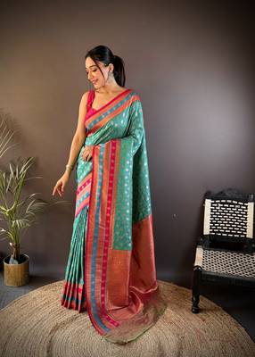Elora soft silk butti zari weaving work banarasi saree(teal) 1