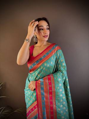 Elora soft silk butti zari weaving work banarasi saree(teal) 3