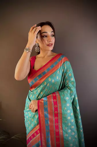 Elora soft silk butti zari weaving work banarasi saree(teal)