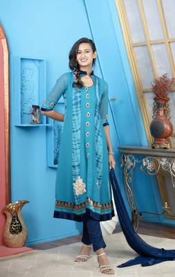 Blue embroidered georgette stitched a line trouser kurta & dupatta  1
