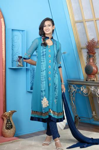Blue embroidered georgette stitched a line trouser kurta & dupatta 