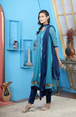 Blue embroidered georgette stitched a line trouser kurta & dupatta  2