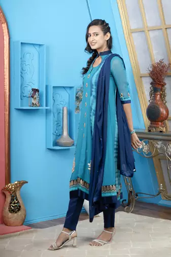Blue embroidered georgette stitched a line trouser kurta & dupatta 