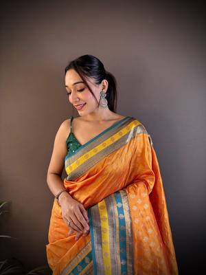 Elora soft silk butti zari weaving work banarasi saree(orange) 3