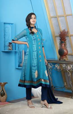 Blue embroidered georgette stitched a line trouser kurta & dupatta  3