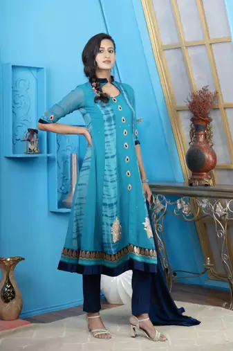 Blue embroidered georgette stitched a line trouser kurta & dupatta 