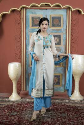 Cream embroidered georgette stitched straight cut trouser kurta & dupatta  1